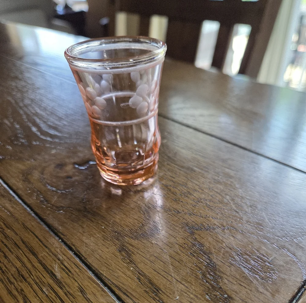 Vintage Pink Depression Shot Glass With Etched Flowers